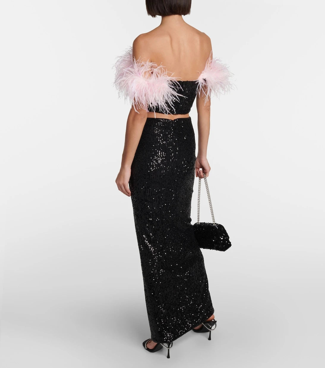 Self-Portrait - Feather-trimmed sequined crop top