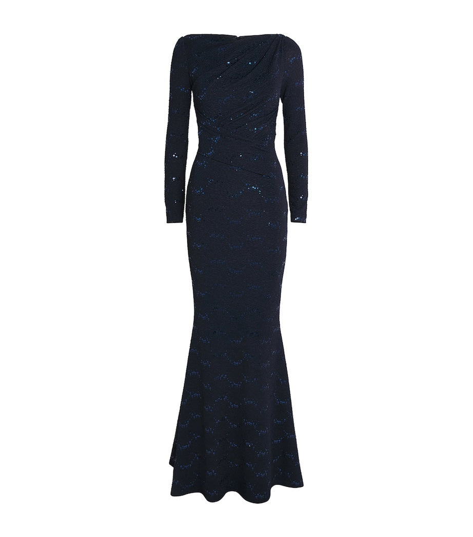 Talbot Runhof Navy Embellished Asymmetric Gown