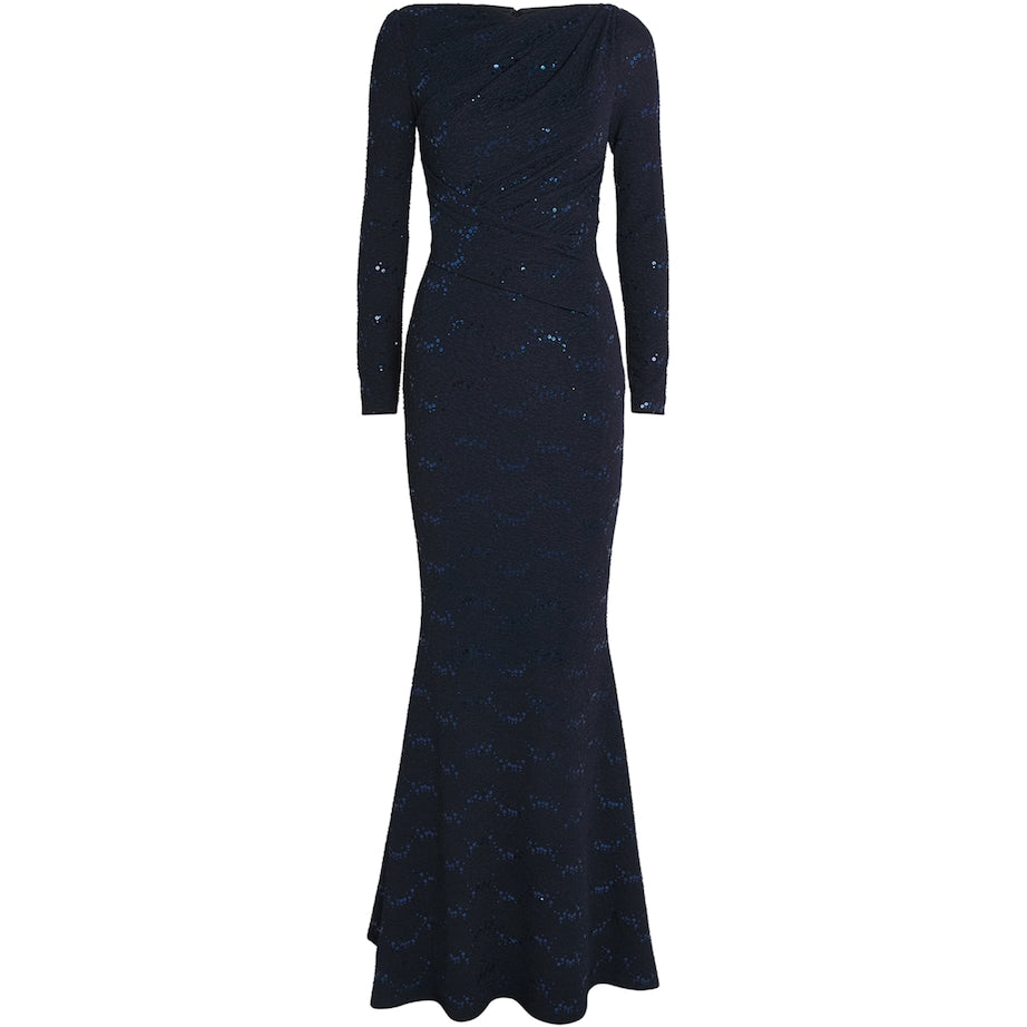 Talbot Runhof Navy Embellished Asymmetric Gown
