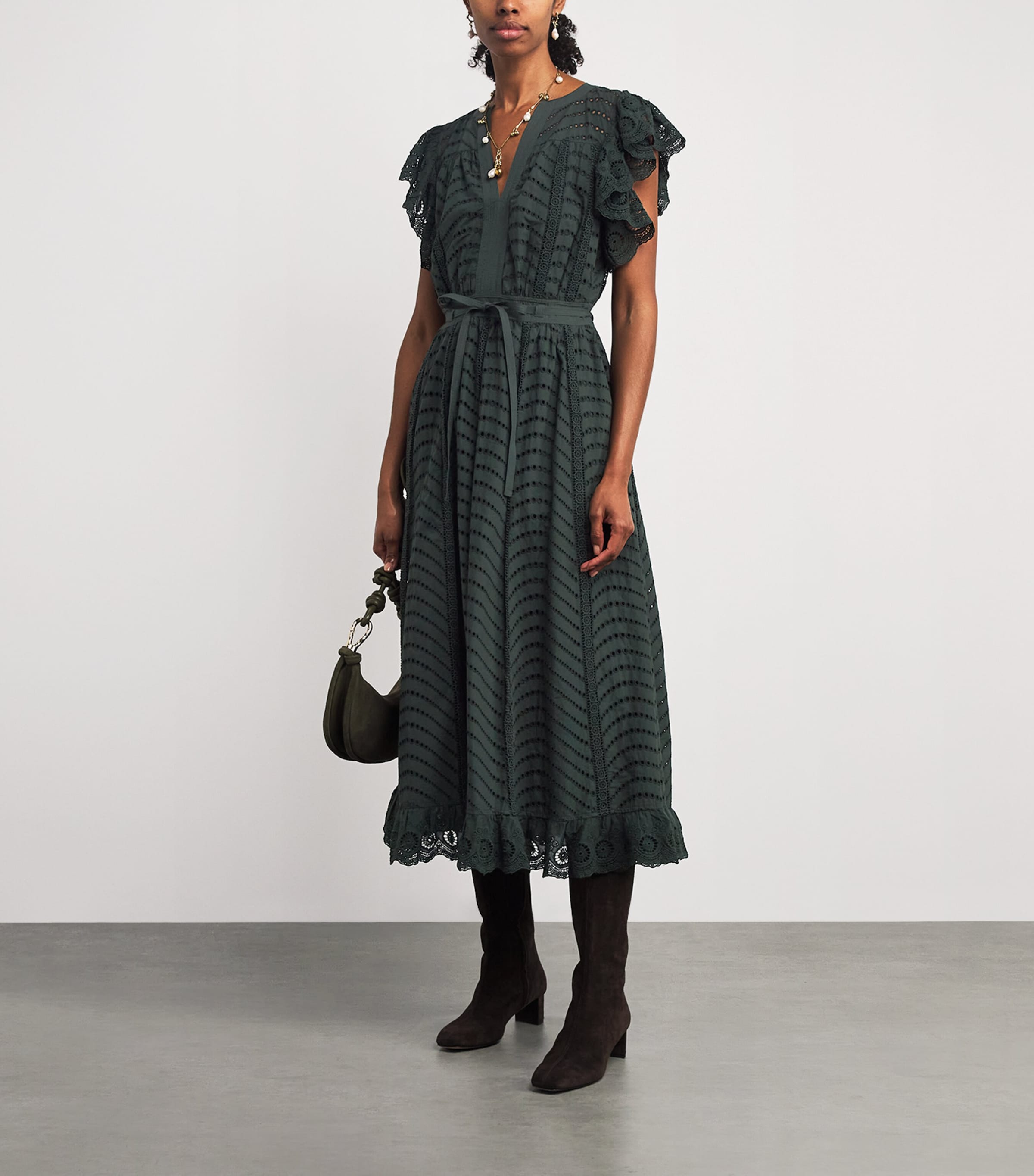 Ulla Johnson Black Cotton Embroidered Olga Midi Dress