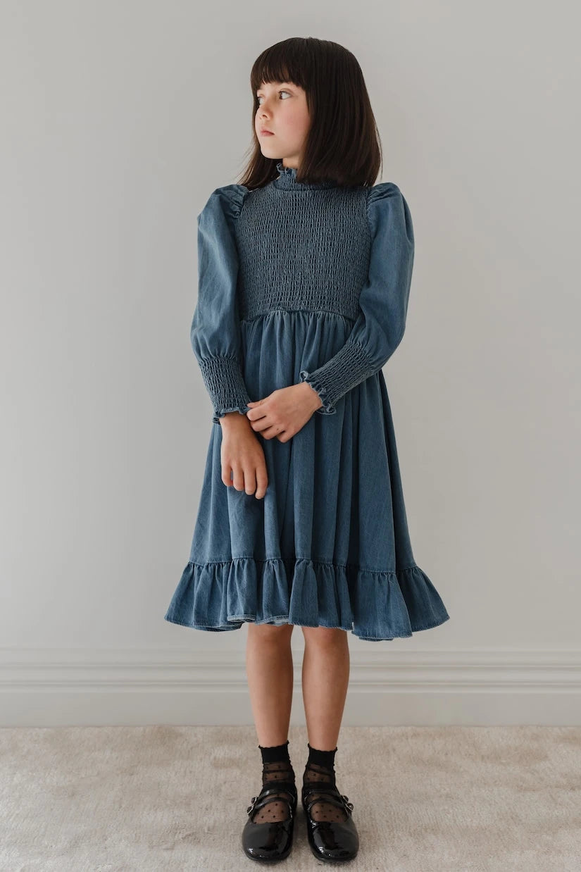 Petite Amalie - Shirred cotton chambray dress
