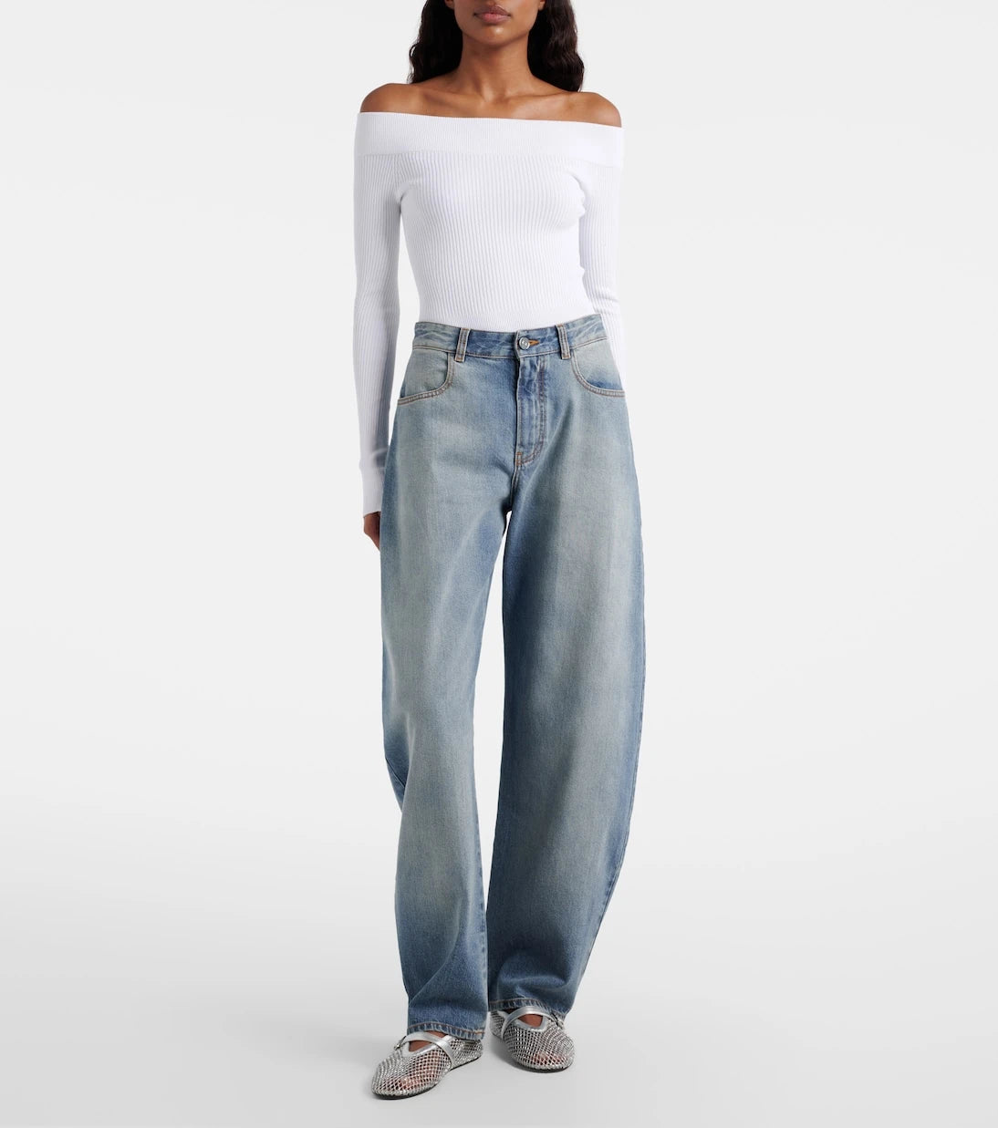 Alaïa - Ribbed-knit off-shoulder bodysuit