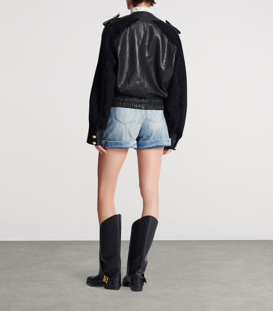 Black Tweed-Trim Leather Jacket