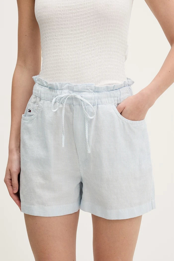 Tommy Jeans kadın kısa pantolon keten karışımlı