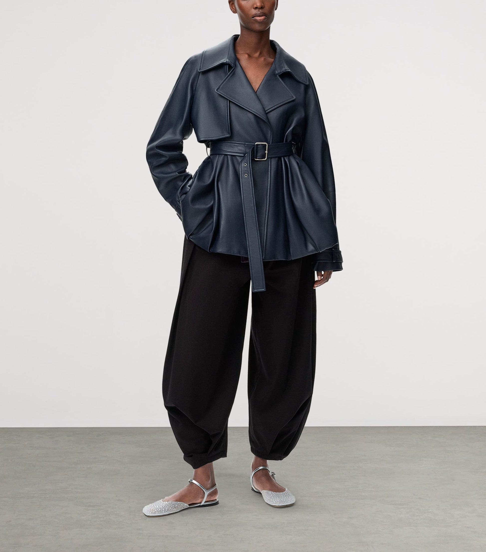 LOEWE Black Cotton-Silk Draped Barrel-Leg Trousers