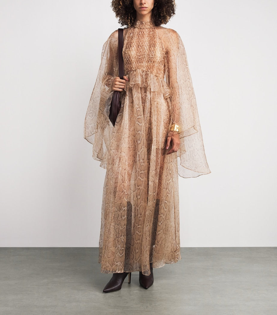 Zimmermann Brown Silk Memento Smocked Flutter Maxi Dress