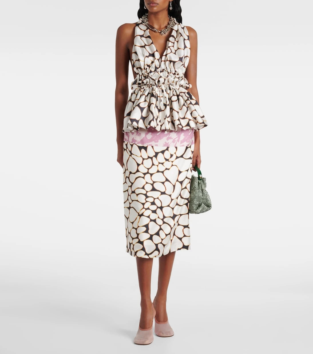 Dries Van Noten - Baskılı halter yaka ipek twill bluz