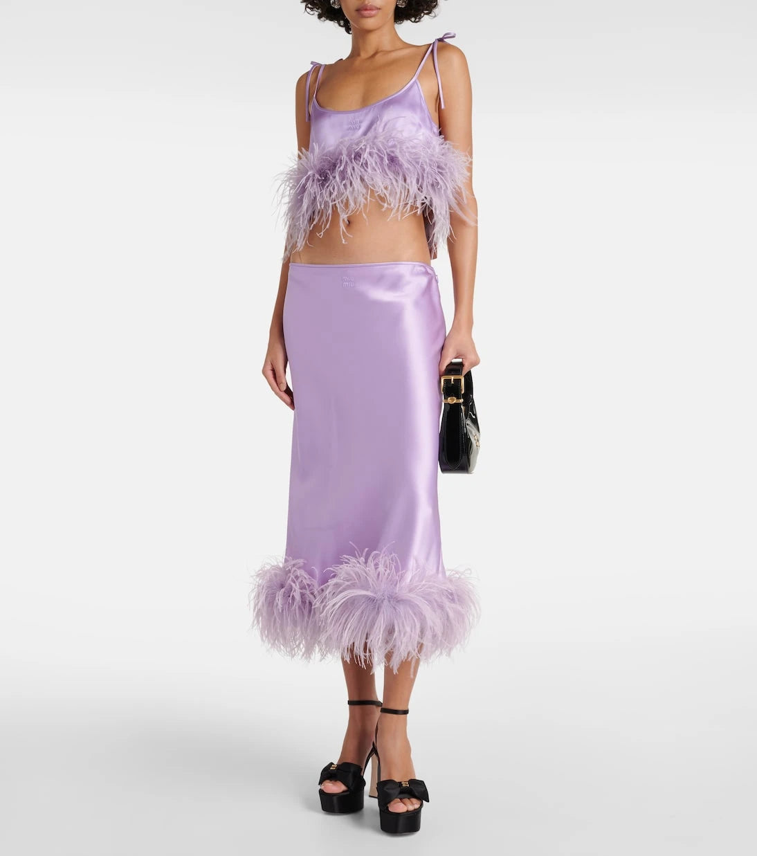 Miu Miu - Feather-trimmed satin midi skirt