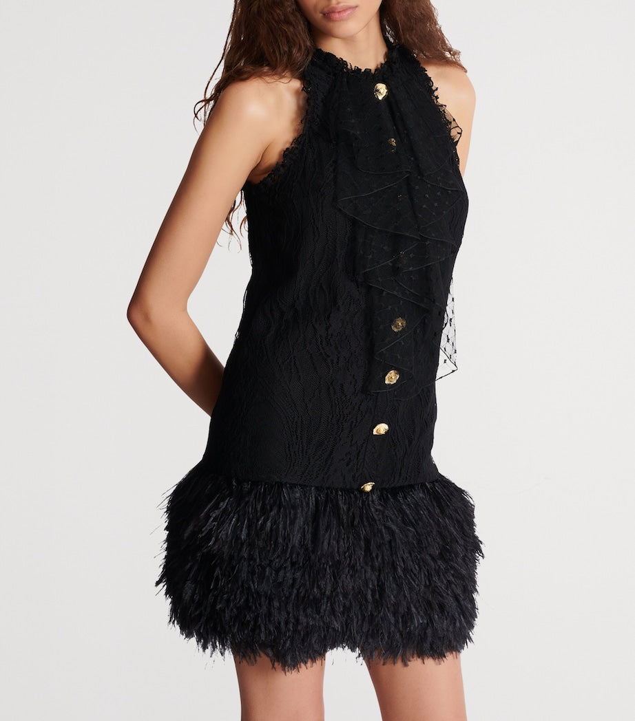 Balmain Black Cotton-Blend Lace and Feather Mini Dress