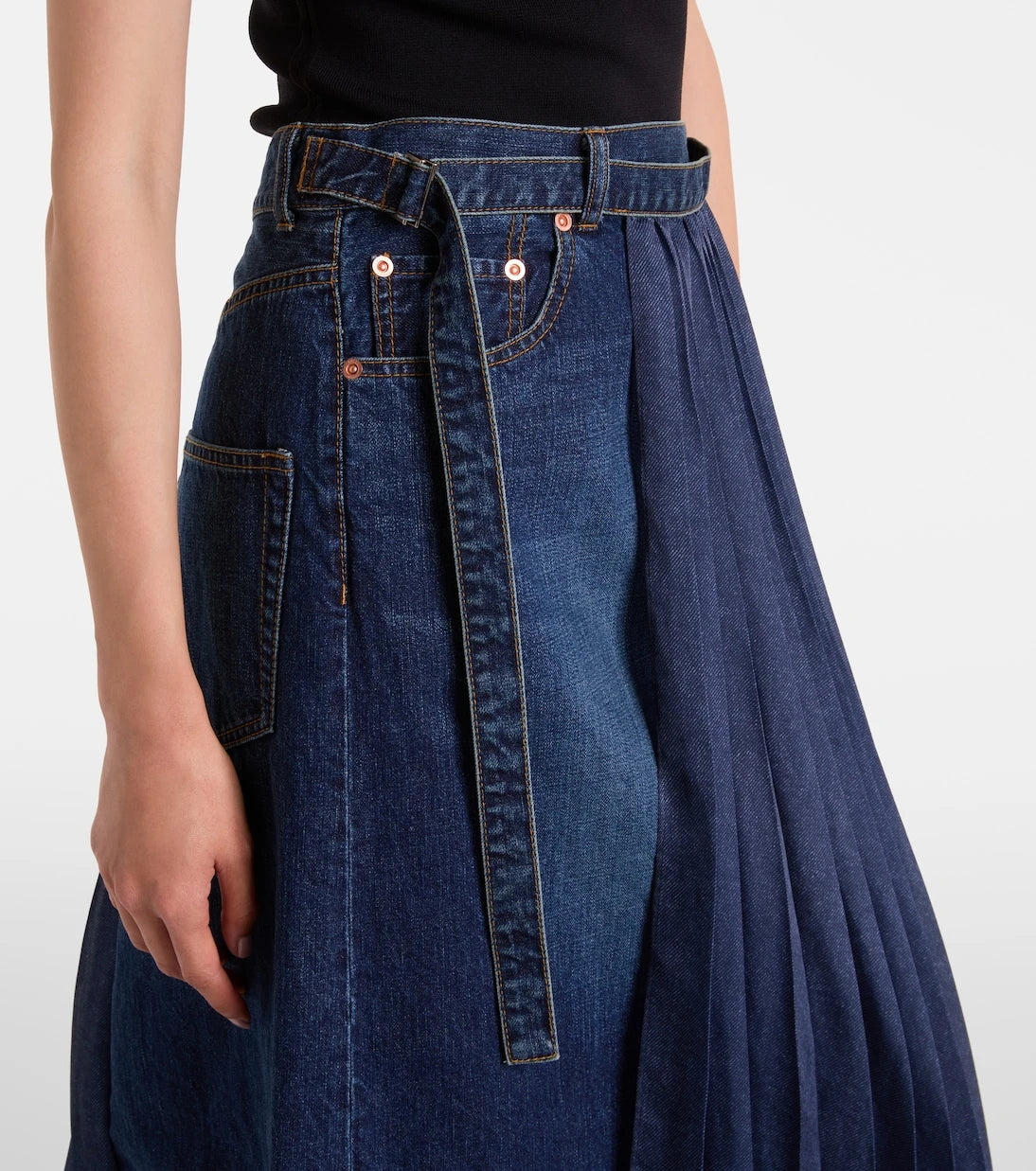 Sacai - Pleated denim midi skirt