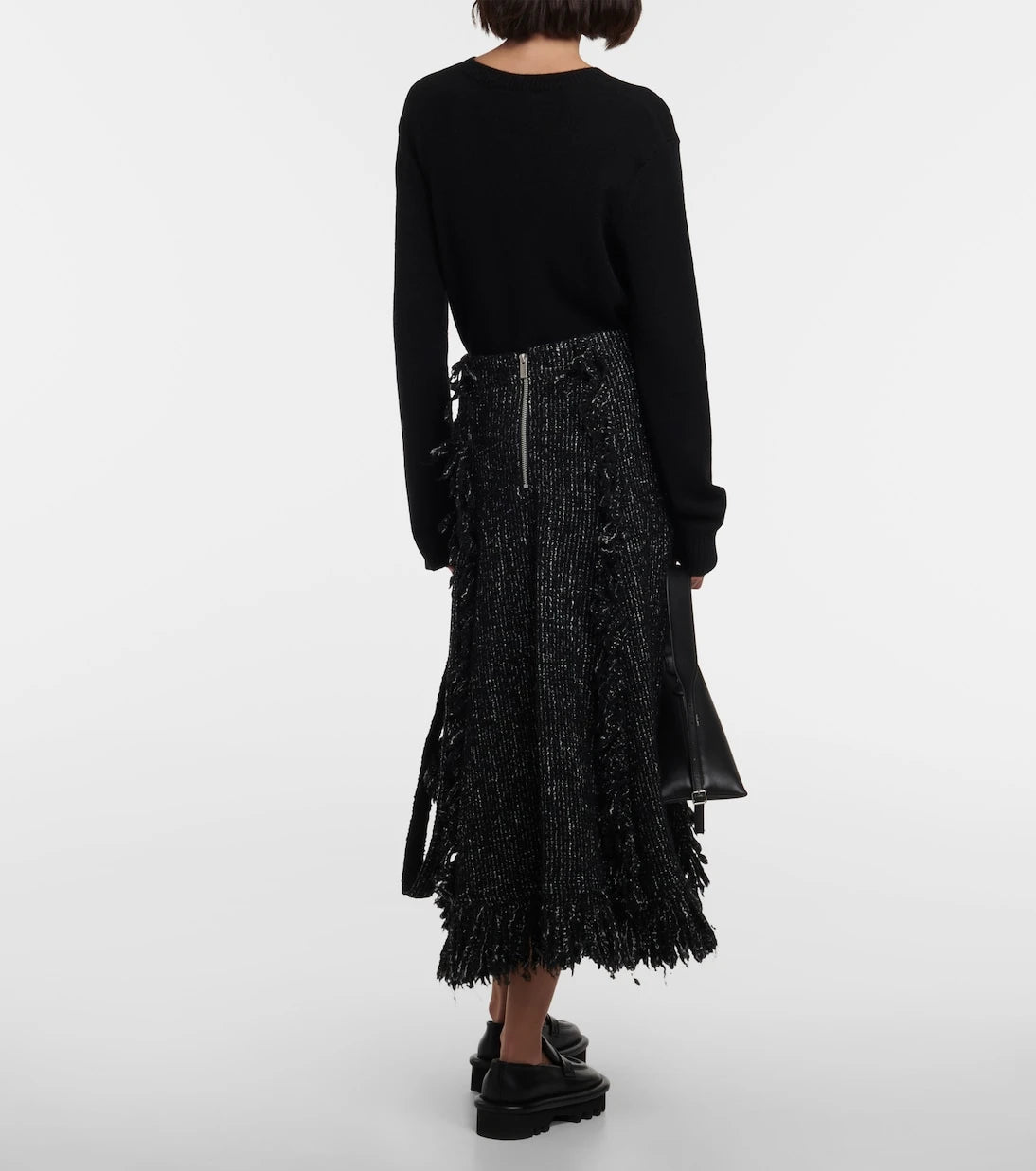 Sacai - Fringed flared tweed midi skirt