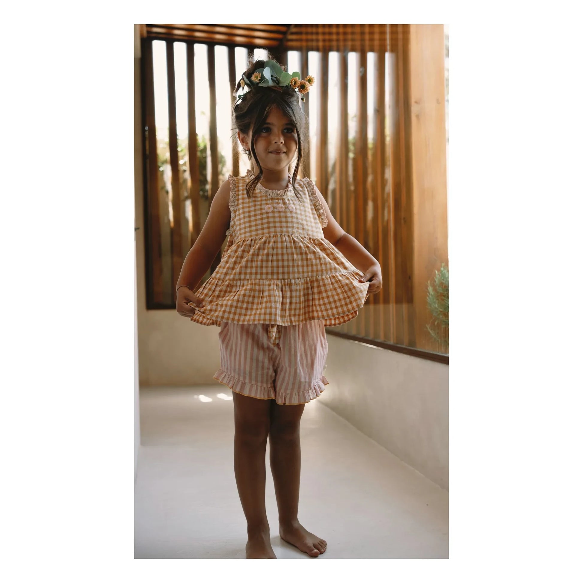 Lilinoa - Top Brodé Esther Carreaux | Caramel