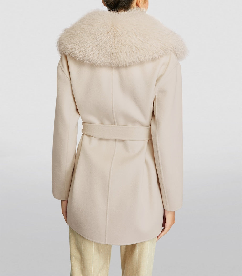 Yves Salomon Beige Wool-Cashmere Fur-Trim Pea Coat