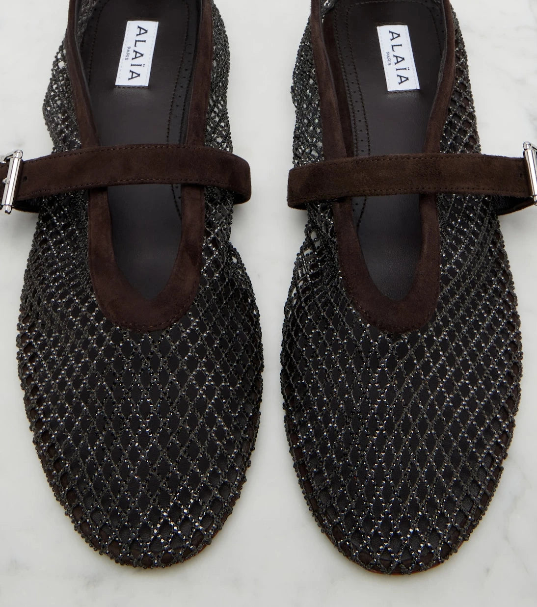 Alaïa - Embellished fishnet Mary Jane flats