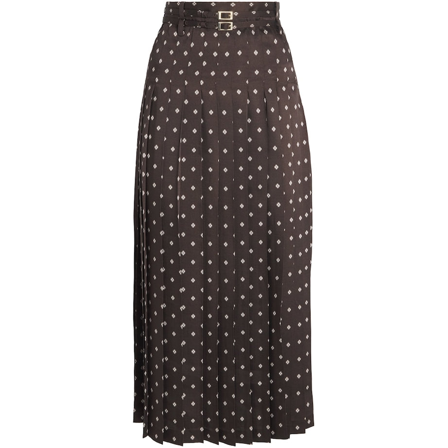 Beige Pleated Patterned Midi Skirt