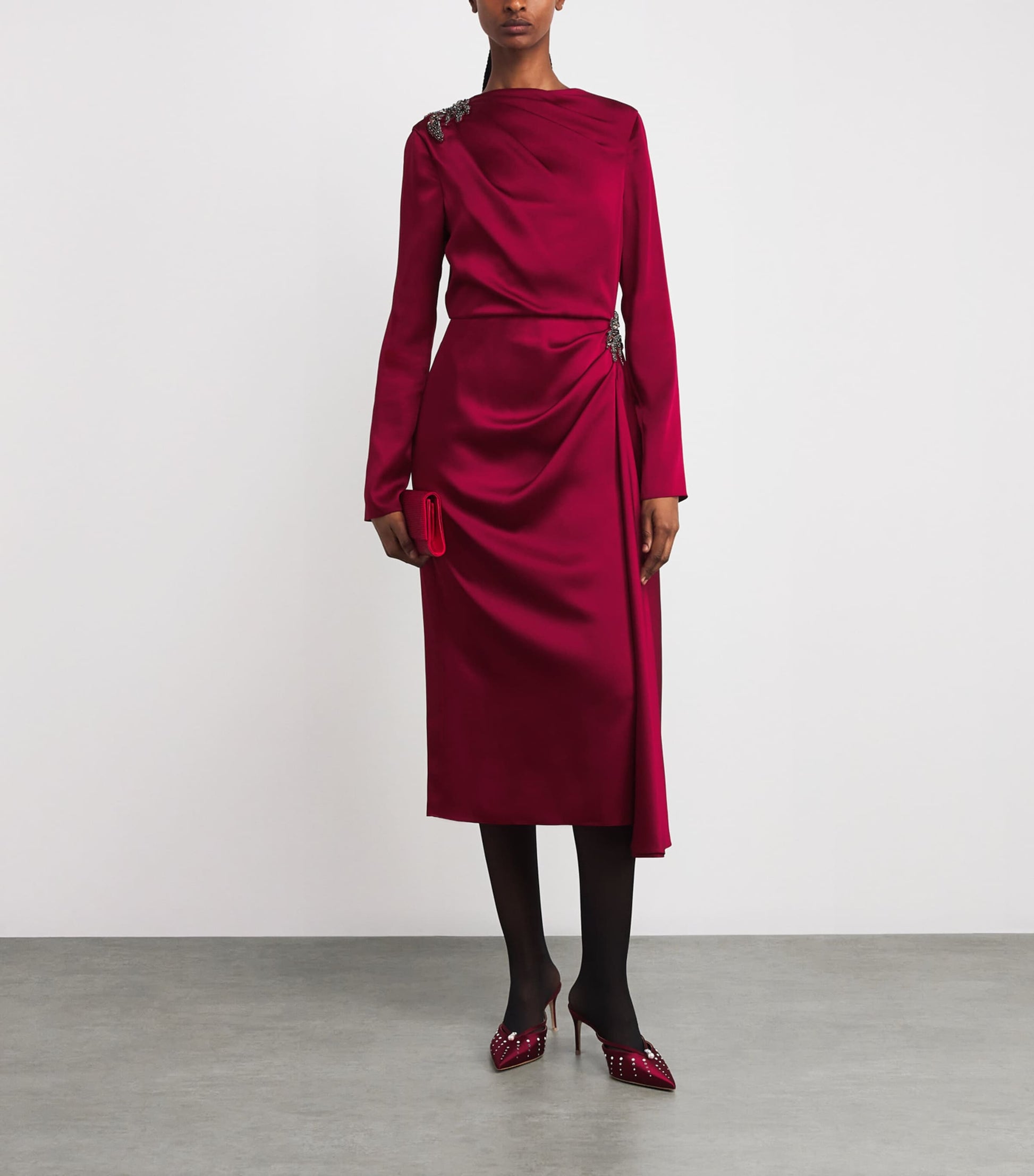 Erdem Red Satin Cady Draped Midi Dress