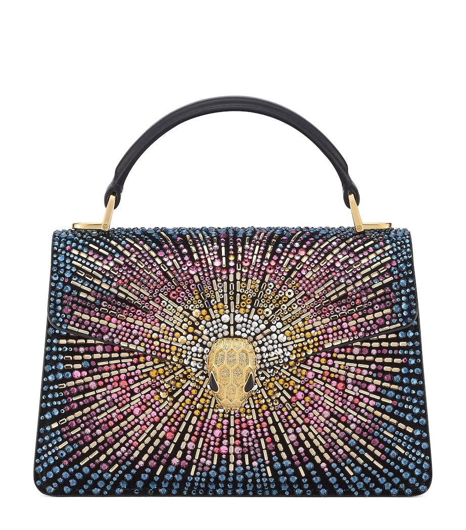Blue Mini Crystal-Embellished Suede Serpenti Forever Top-Handle Bag