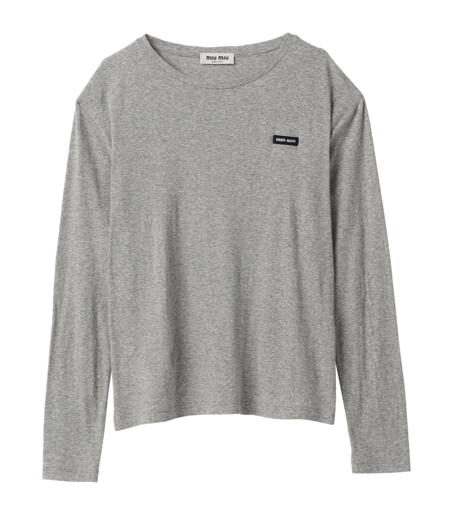 Miu Miu Grey Logo-Patch Long-Sleeve T-Shirt