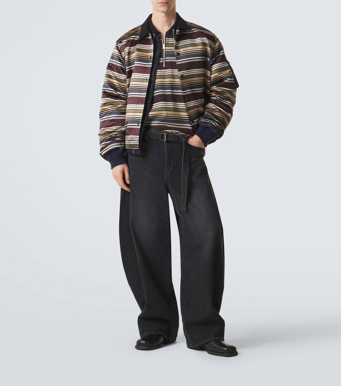 Sacai - Striped cotton half-zip polo shirt