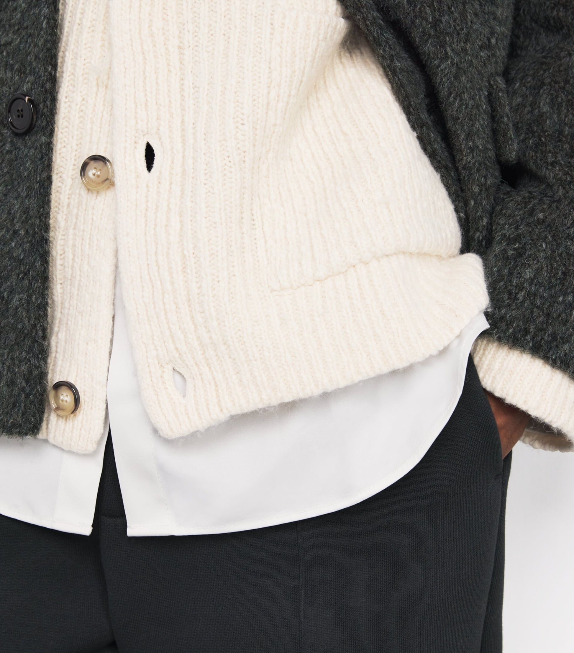 Beige Wool-Blend Rib-Knit Cardigan