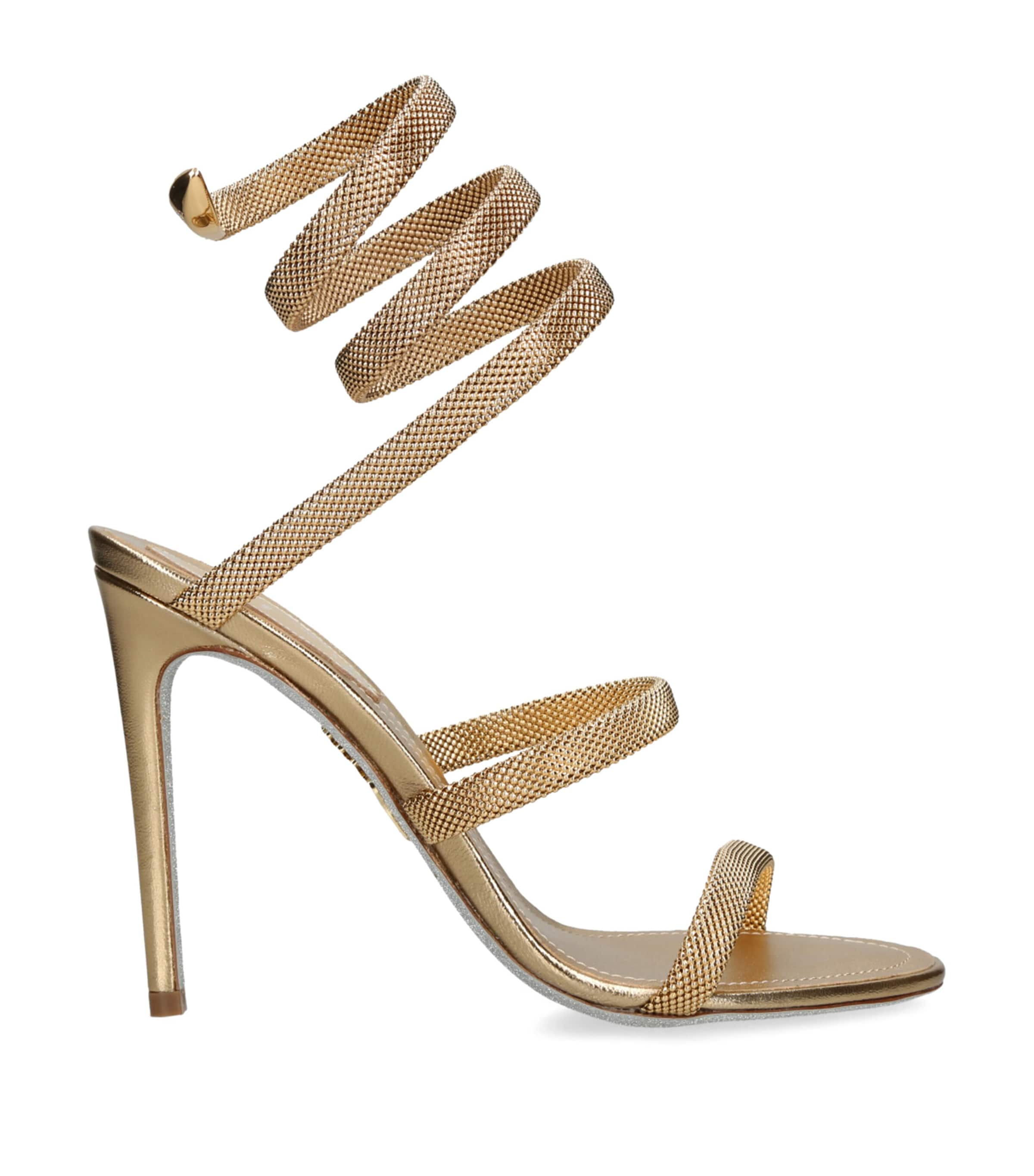 René Caovilla Gold Leather Serpent Heeled Sandals 105