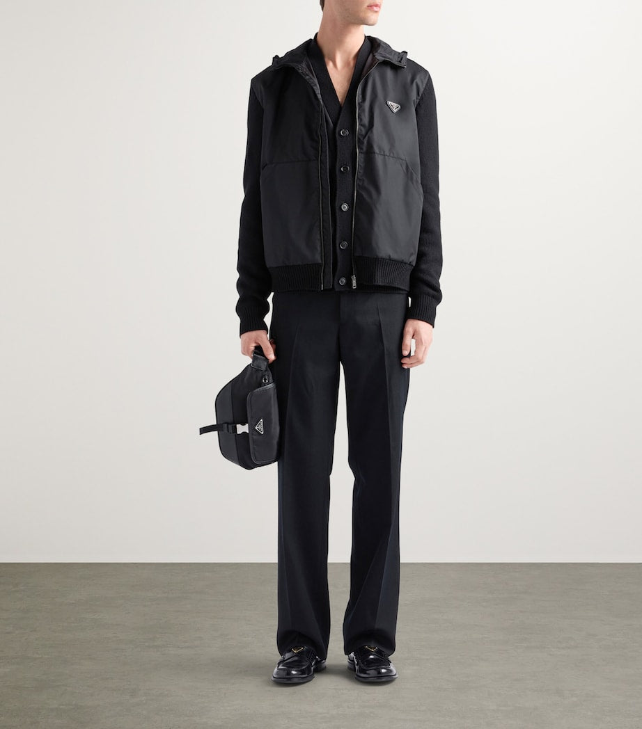 Prada Black Wool-Cashmere-Sleeve Zip-Up Hoodie