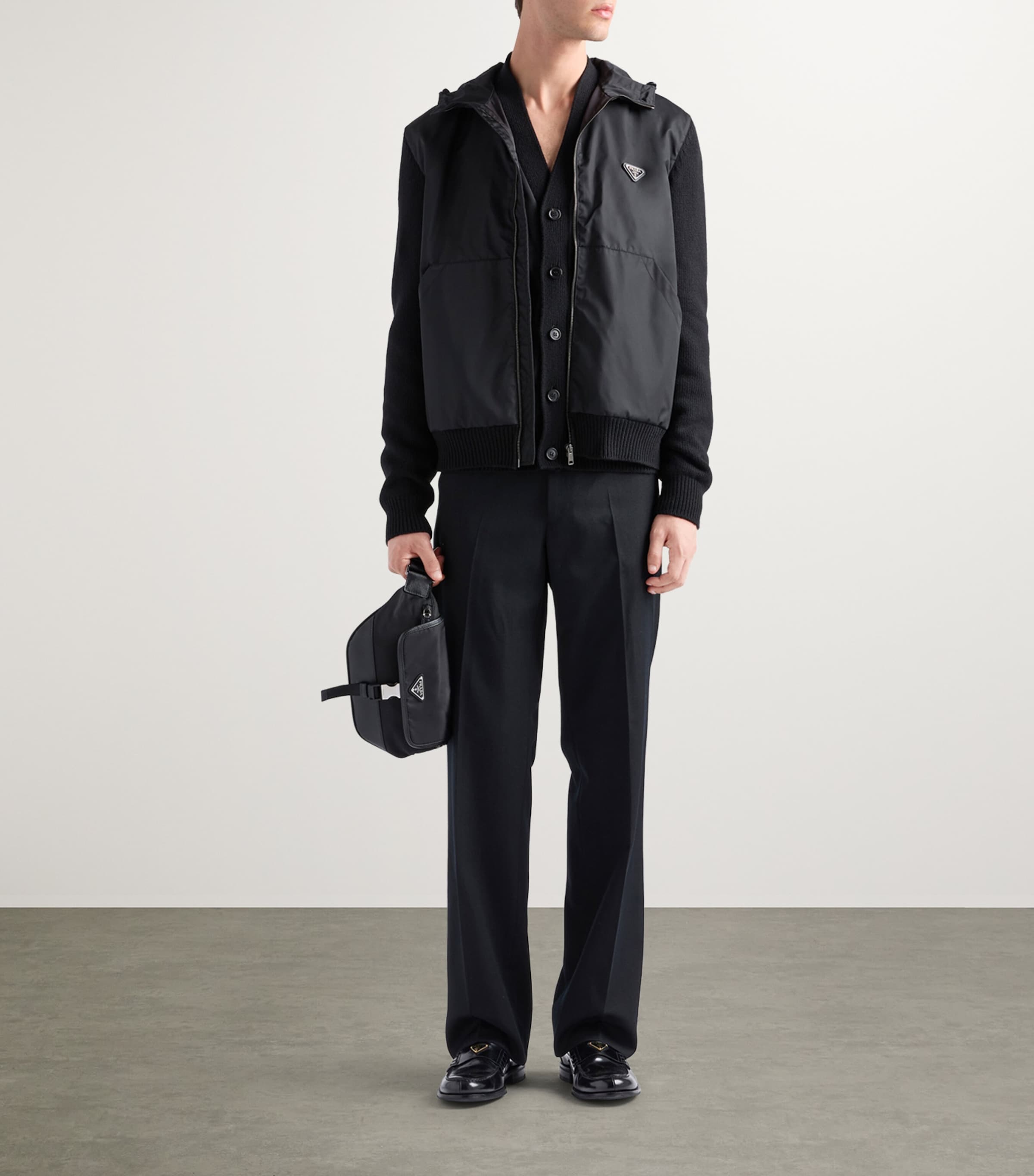 Prada Black Wool-Cashmere-Sleeve Zip-Up Hoodie