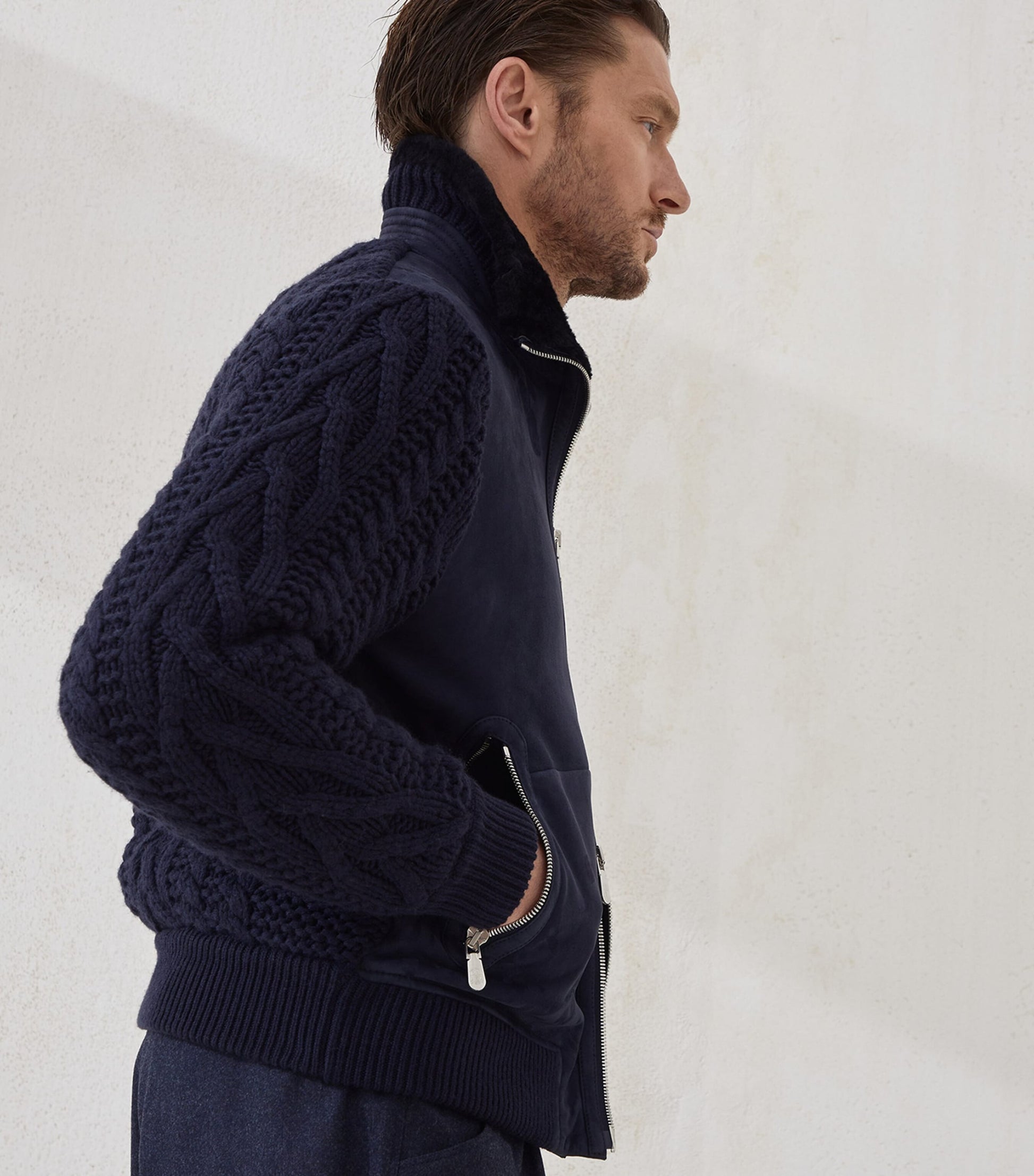 Brunello Cucinelli Blue Suede Knit Insert Bomber Jacket