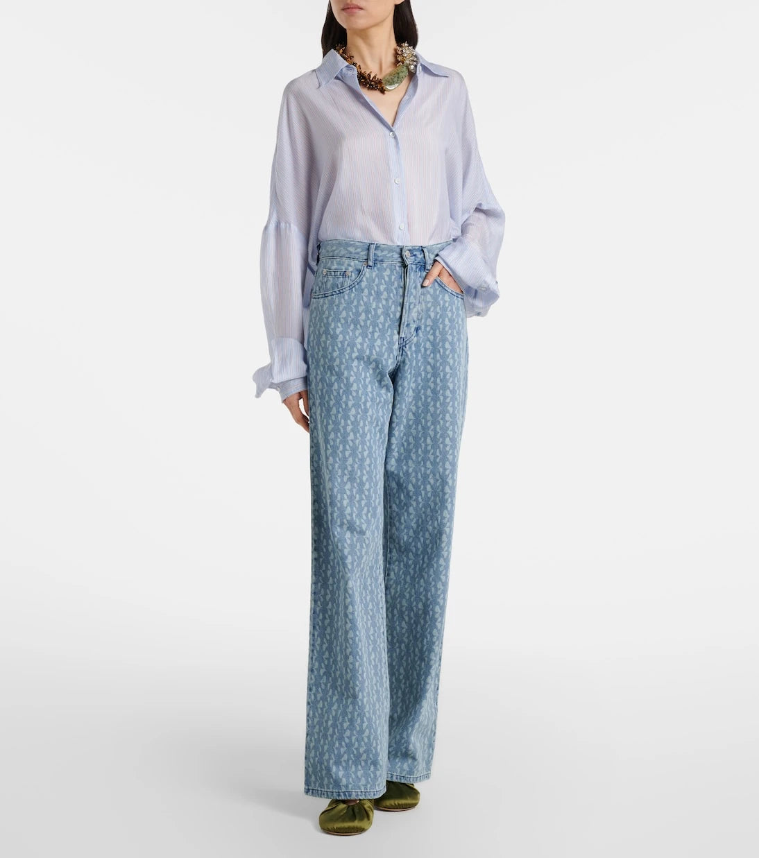 Dries Van Noten - بنطلون جينز مطبوع بقصة أرجل واسعة