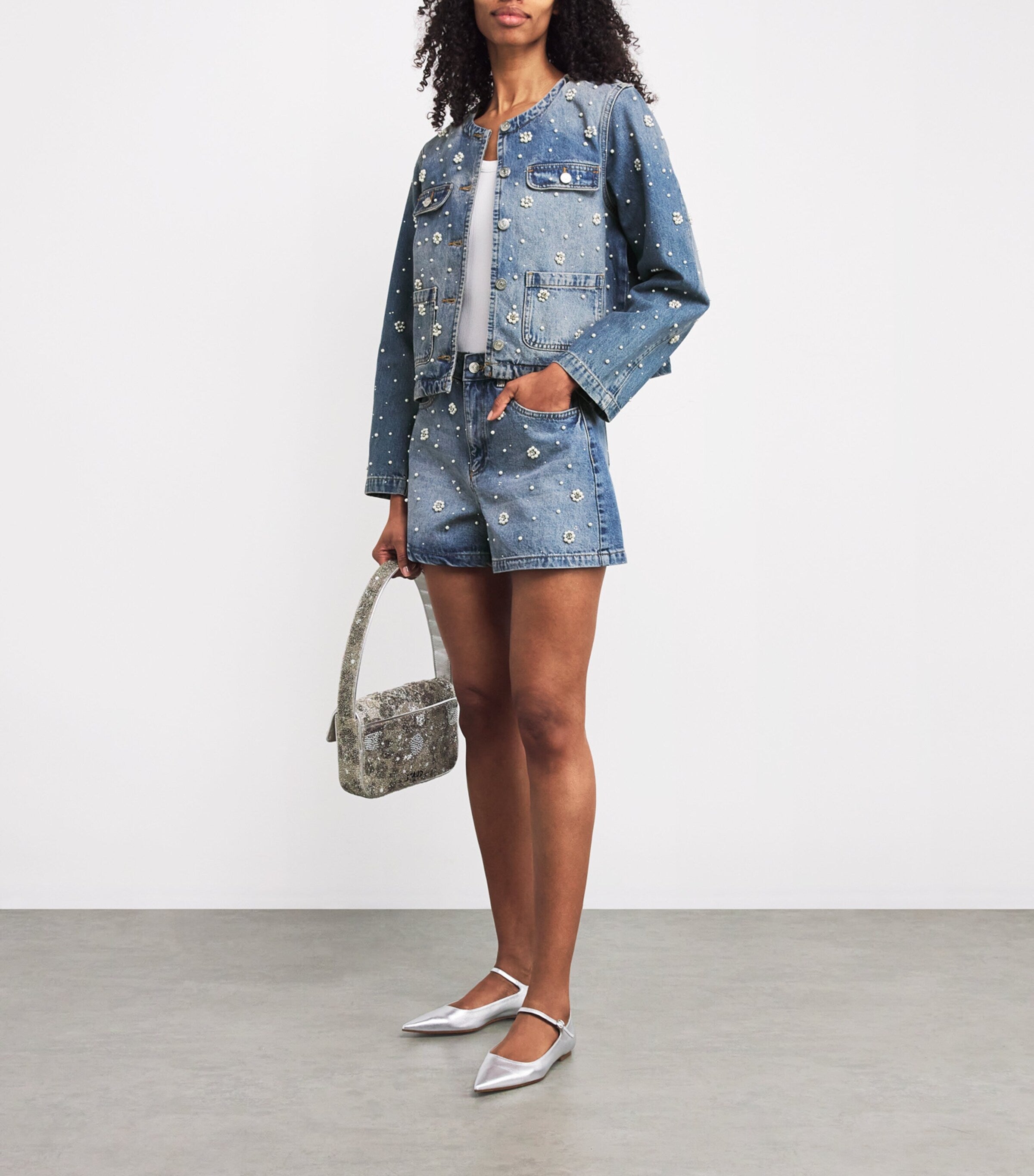 Blue Embellished Wide-Leg Denim Shorts