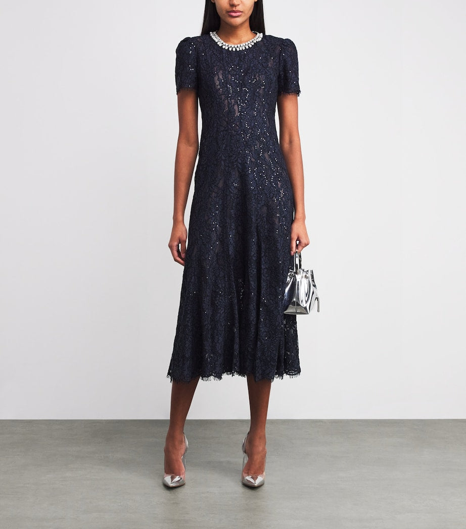 Self-Portrait Navy Sequin-Lace Embellished-Neck Midi Dress