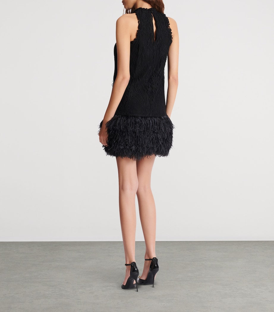 Balmain Black Cotton-Blend Lace and Feather Mini Dress
