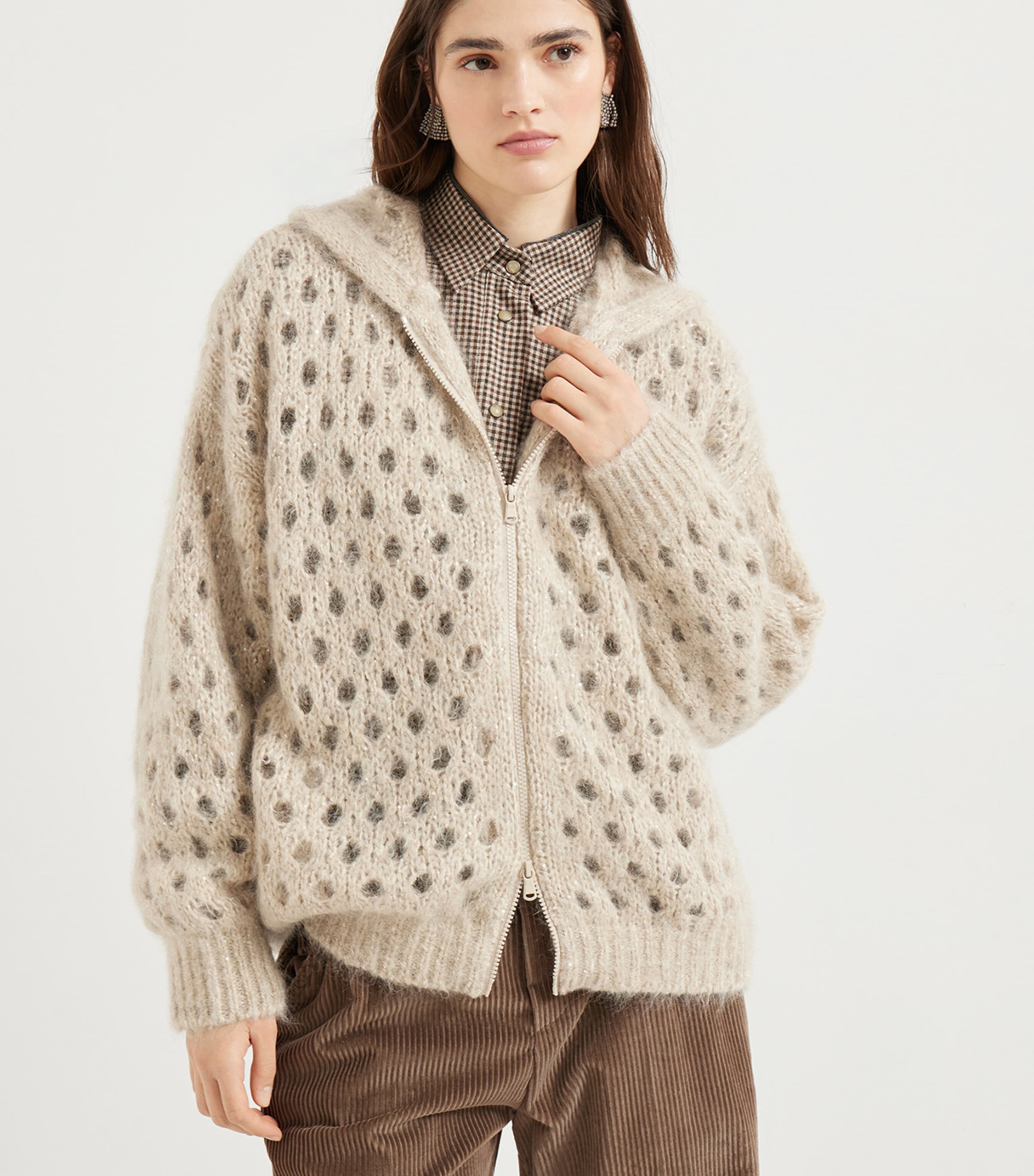 Beige Mohair-Blend Dazzling Net Cardigan