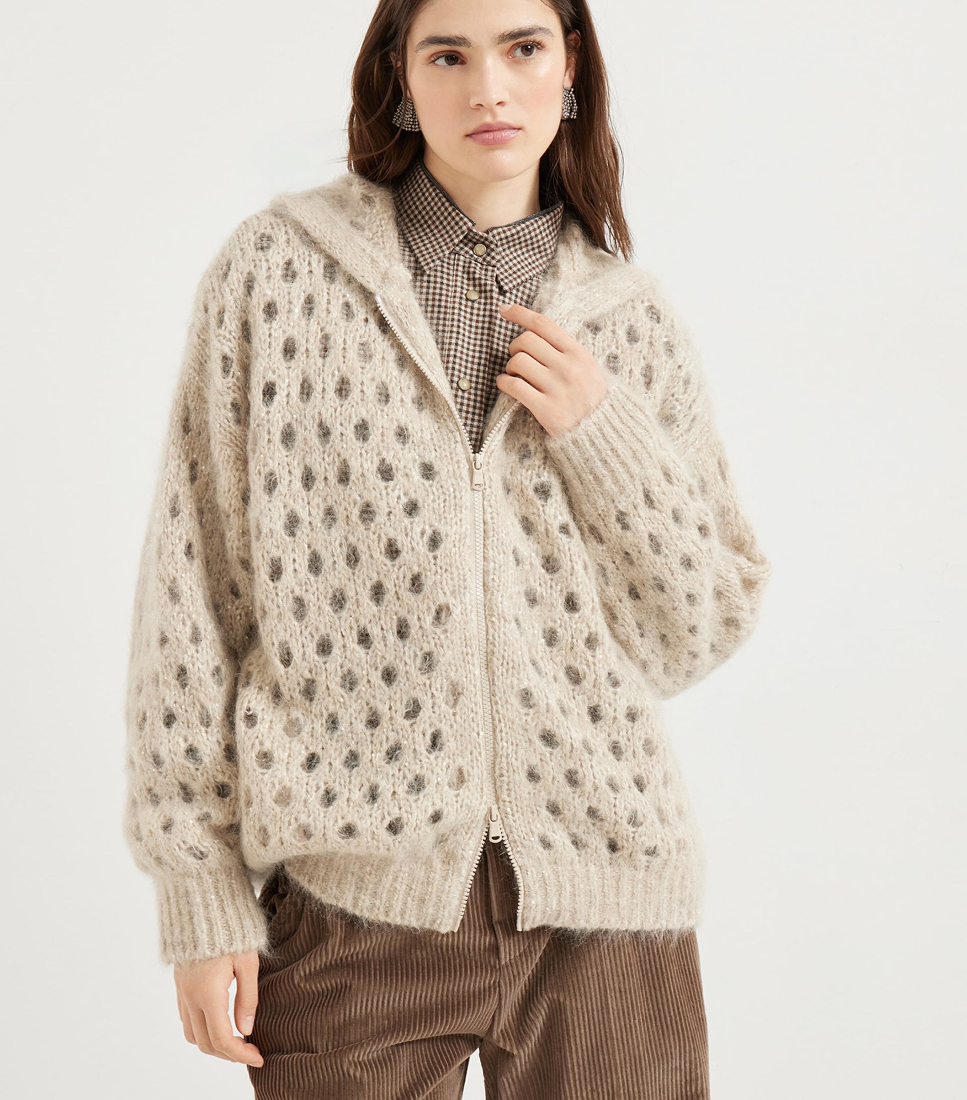 Beige Mohair-Blend Dazzling Net Cardigan