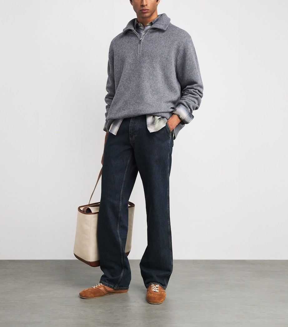 FRAME Grey Wool-Cotton Half-Zip Sweater