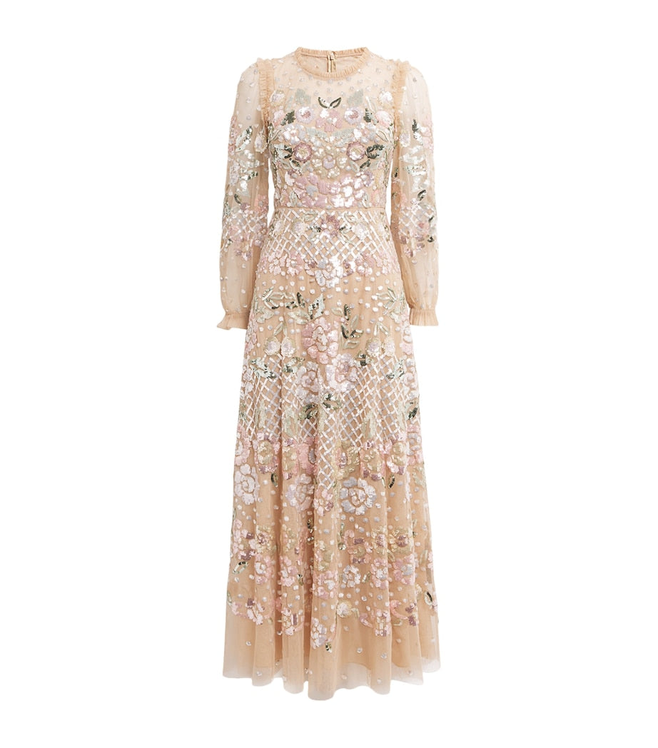 Needle & Thread Beige Embellished Rosalie Maxi Dress