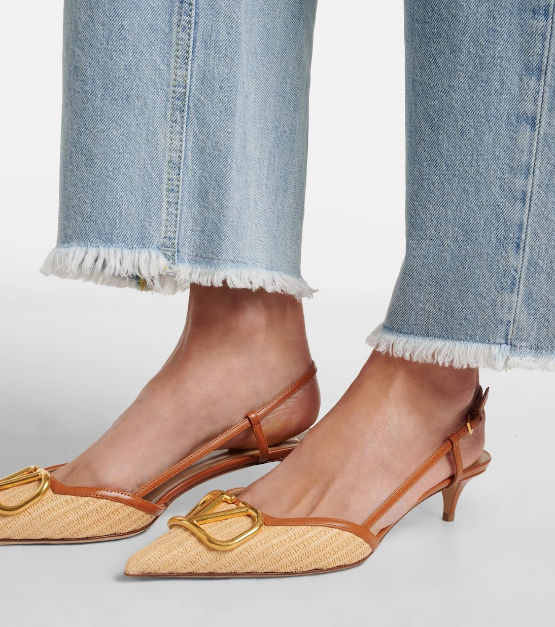 Valentino Garavani - VLogo leather-trimmed raffia slingback pumps