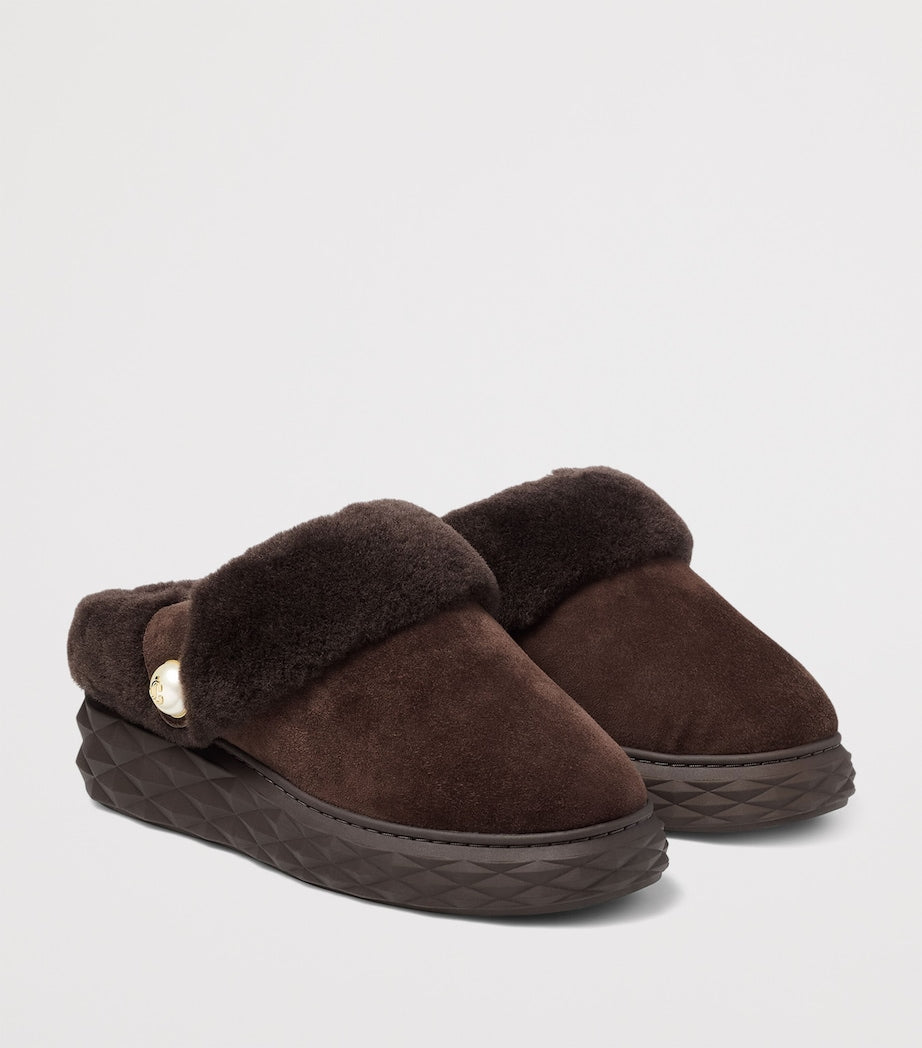 Brown Diamond Maxi Suede-Shearling Mules