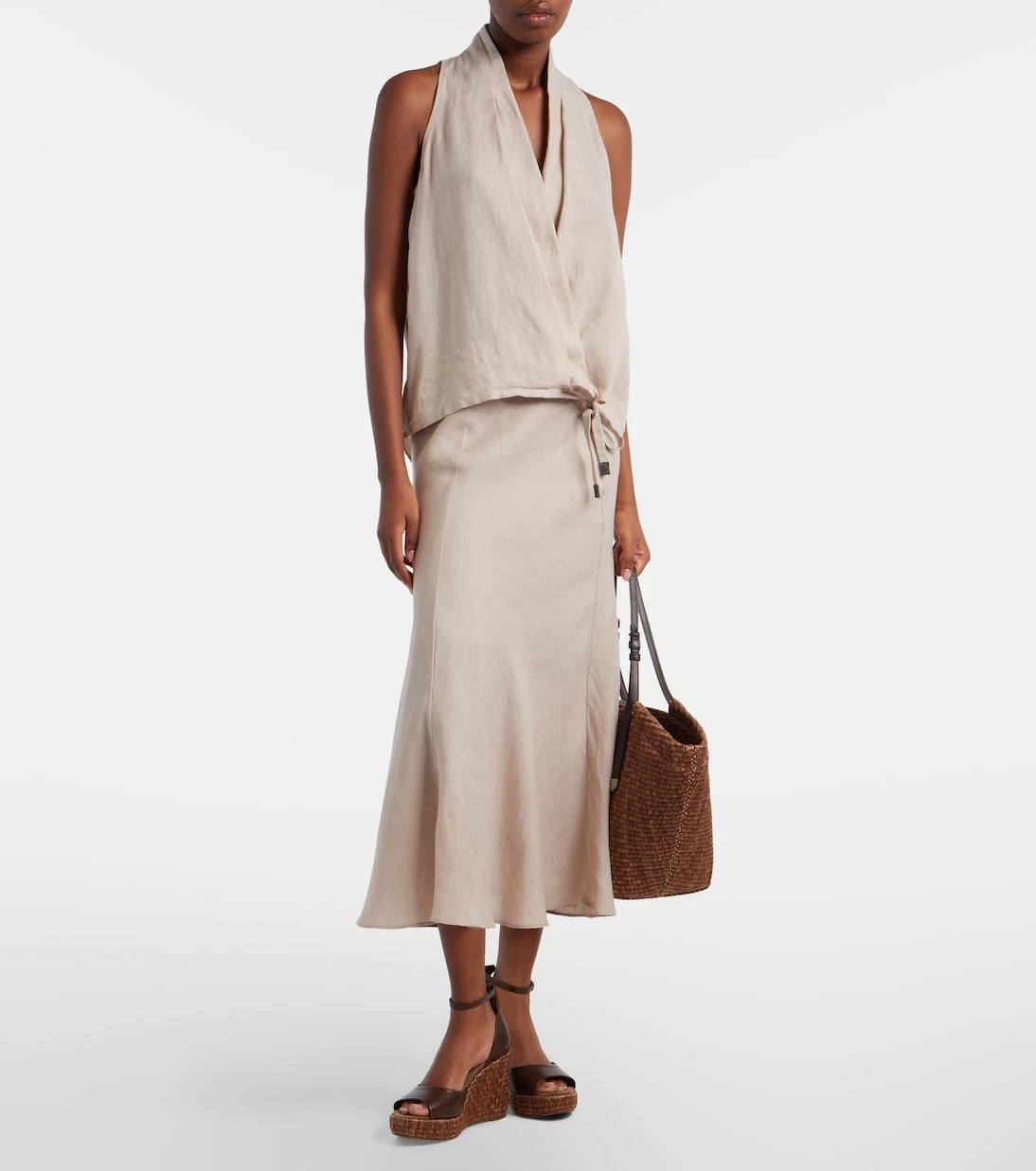 Brunello Cucinelli - Large leather-trimmed raffia-effect tote bag