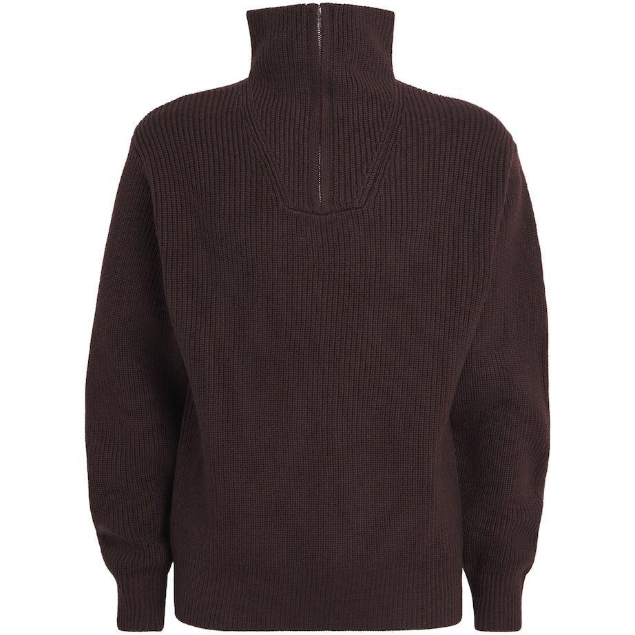 Officine Generale Brown Merino Wool Quarter-Zip Ribbed Sweater