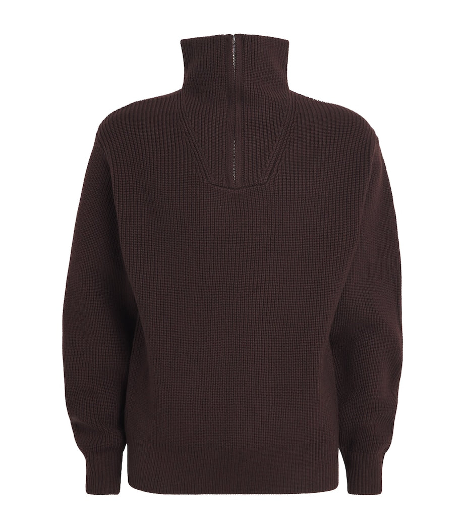 Officine Generale Brown Merino Wool Quarter-Zip Ribbed Sweater