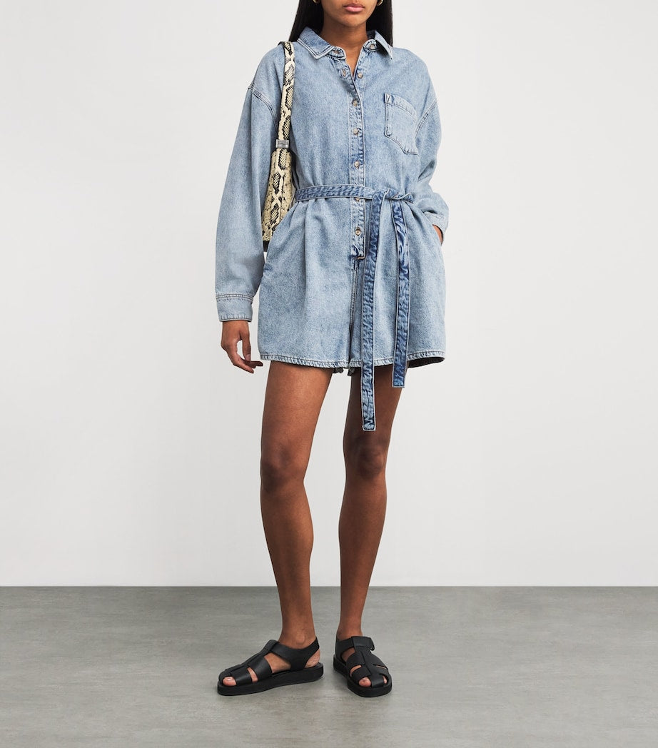Blue Cotton-Blend Denim Belted Playsuit