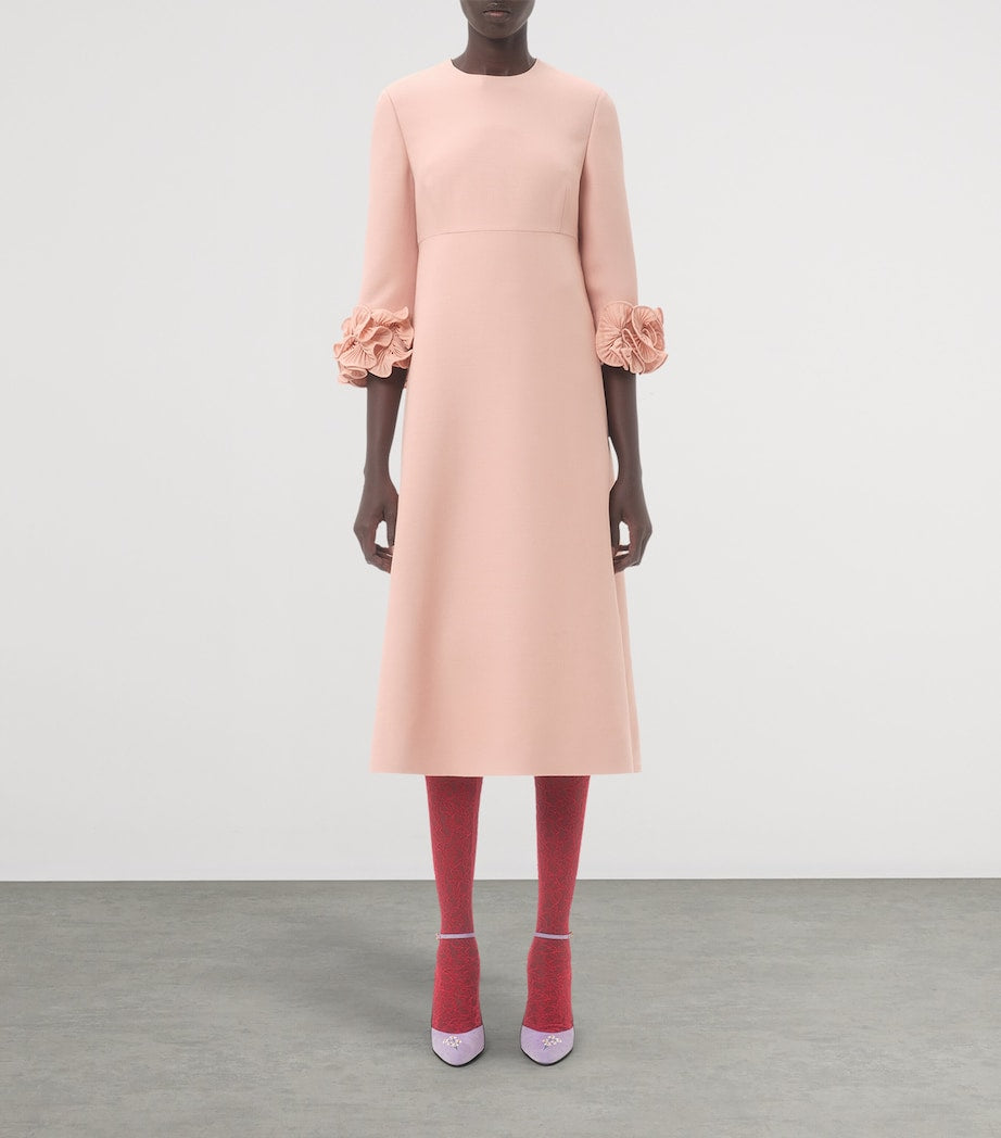 Valentino Pink Wool-Silk Floral-Sleeve Midi Dress