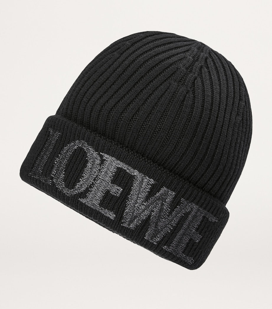 Black Wool Embroidered-Logo Beanie