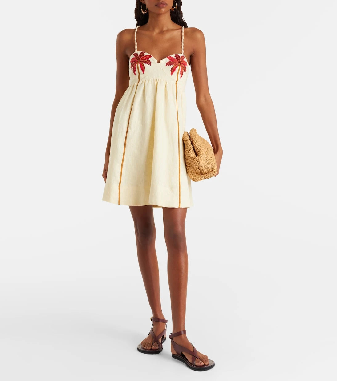 Farm Rio - Coconut Tree embroidered linen minidress