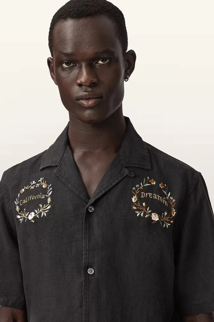 AllSaints риза мъжка от лен KLAVICLE