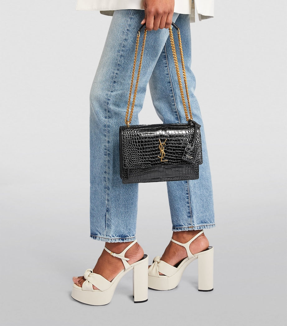 Saint Laurent Black Medium Sunset Croc-Embossed Shoulder Bag