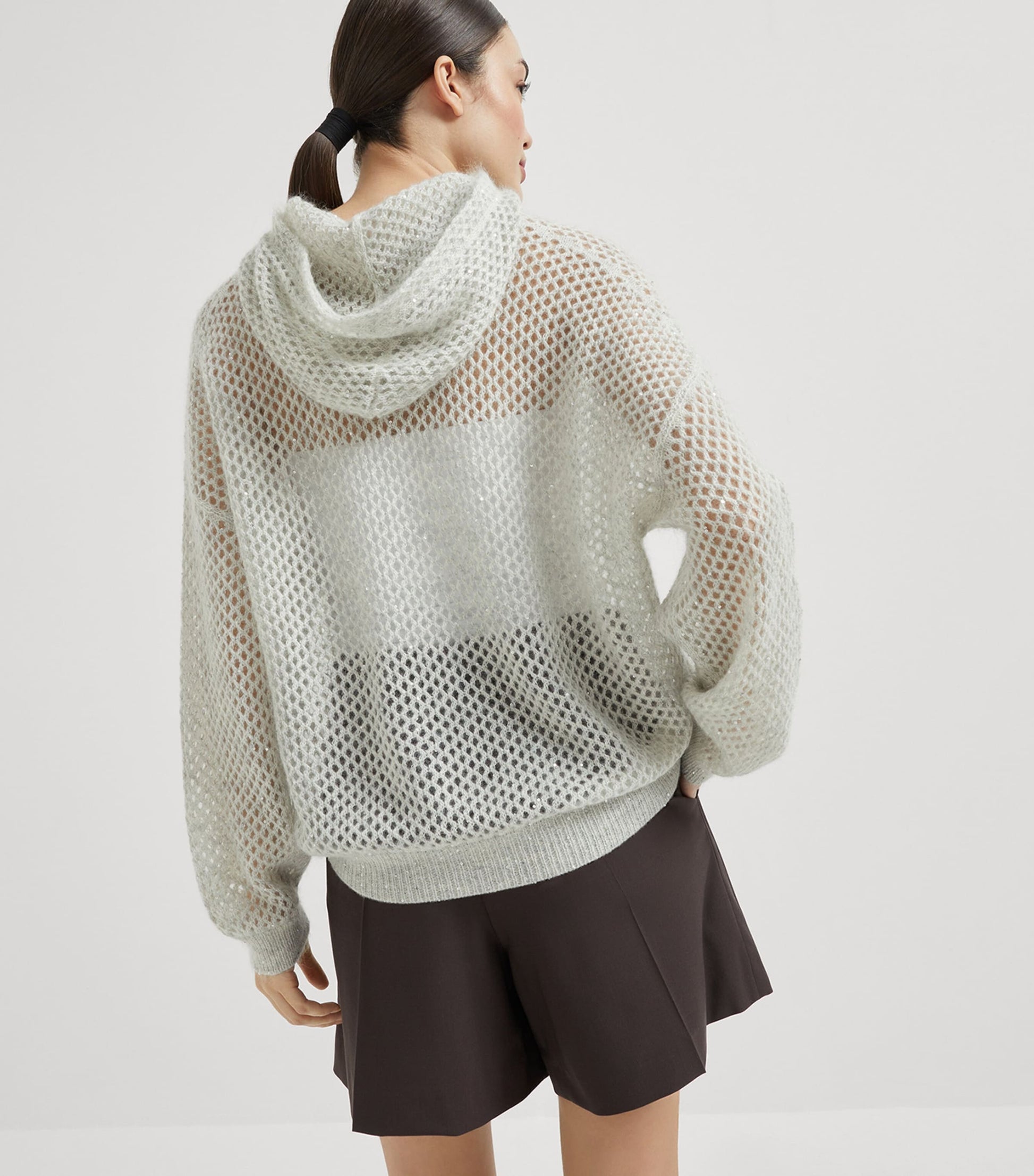 Brunello Cucinelli Grey Embellished Hooded Sweater