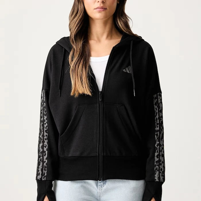 adidas kapüşonlu, fermuarlı kadın pamuklu sweatshirt Leopard Pack