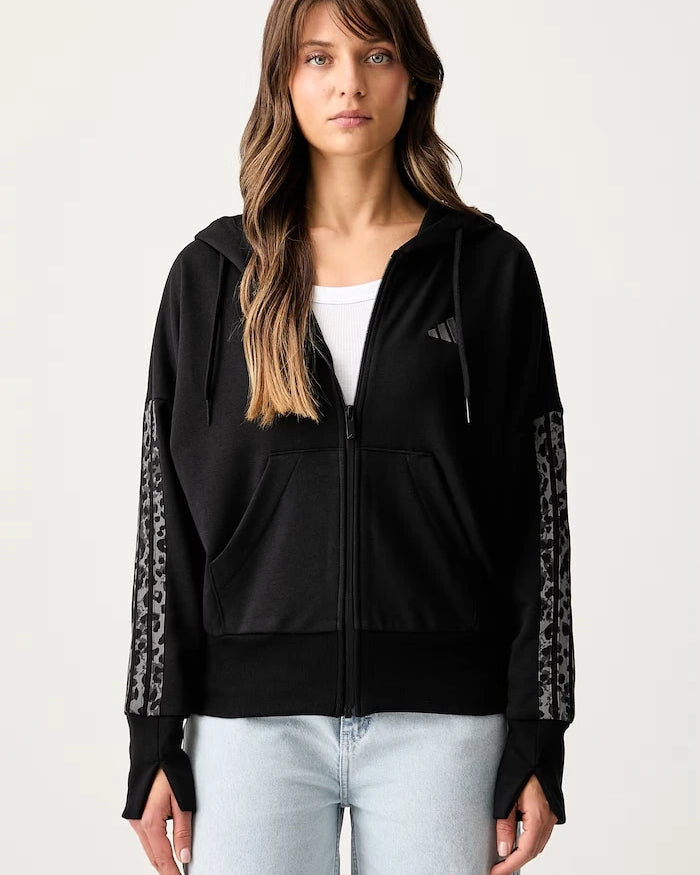 adidas kapüşonlu, fermuarlı kadın pamuklu sweatshirt Leopard Pack